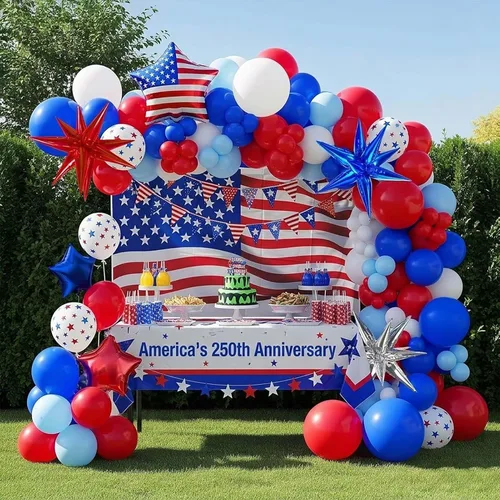 Miniatura 12 de Kit de arco de guirnalda de globos azul rojo negro blanco 140PCS con tarjetas de fondo adhesivas Globos de mylar grandes Starburst para fiesta