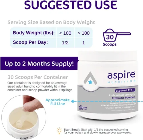 Miniatura 3 de Aspire Nutrition Bio-Heal Pro+ Suplemento en polvo probiótico 6 en 1 – Fórmula probiótica diaria para mujeres, hombres y niños – Suministro para 30