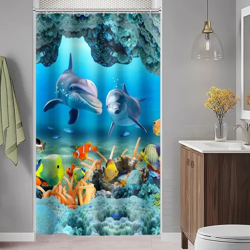 Miniatura 25 de Yeele Cortina de ducha con diseño de delfín, diseño de animales submarinos, tropical, con temática de vida silvestre, océano, azul, para baño