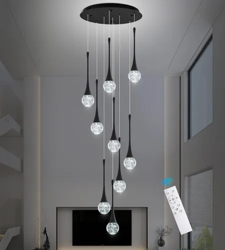 Miniatura 16 de Moderno candelabro de cristal de 7 luces, color negro, H60 pulgadas, techo alto, espiral, regulable, LED, burbuja, gota de lluvia, lámpara
