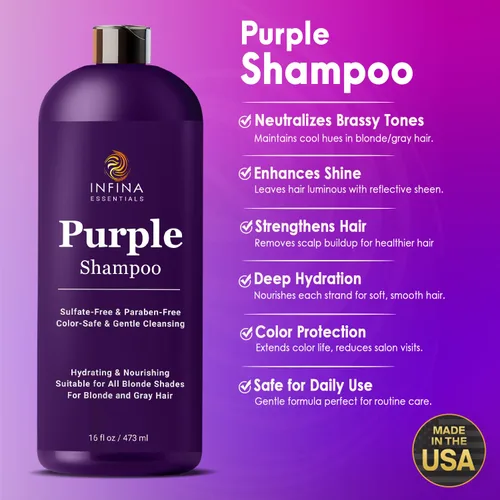 Miniatura 2 de INFINA ESSENTIALS Champú morado para cabello rubio, gris, cobrizo y teñido sin sulfatos, enriquecido con té verde y manzanilla y aceite de aguacate