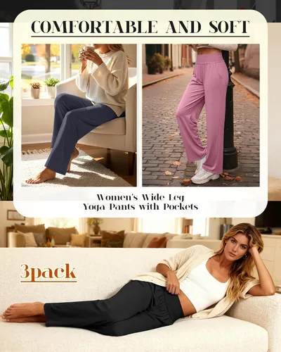 Miniatura 144 de Neer - Conjunto de 3 pantalones de yoga de pierna ancha para mujer - Pantalones deportivos cómodos, holgados, de cintura alta y casuales