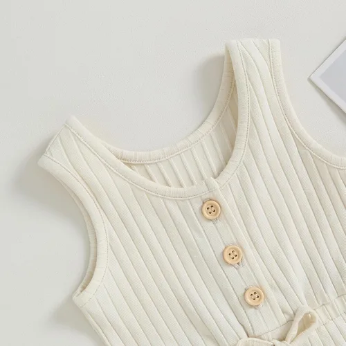 Miniatura 75 de Traje de verano para niña pequeña, de manga corta, acanalado, overol liso, pantalones cortos, ropa para recién nacidos