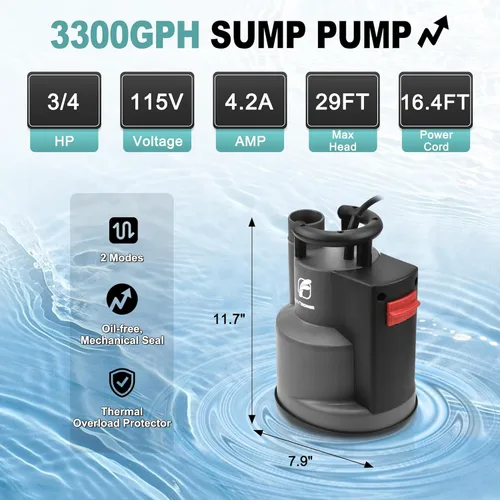 Miniatura 3 de FLUENTPOWER Bomba de Sumidero Sumergible de 3/4HP 3300GPH, Bomba de Agua de Utilidad, Control Auto/Manual por Interruptor de Flotación Integrado
