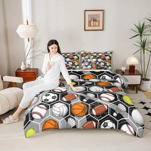 Miniatura 4 de Juego de ropa de cama de juegos de pelota, juego de edredón de baloncesto y fútbol, hexagonal, geométrico, deportivo, de plumón, béisbol, tenis