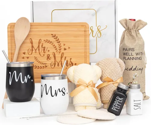 Regalos de boda para pareja (juego de 11 piezas), cestas de compromiso geniales para recién casados, caja única de señor y señora para novia y