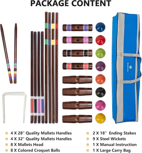 Miniatura 7 de SpeedArmis Juego de croquet de lujo para 8 jugadores con regulación de 32 pulgadas mazos de madera de goma de tamaño estándar de 28 pulgadas, bola