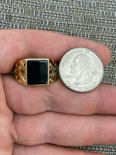 Miniatura 5 de Anillo de oro de 14 quilates sobre plata de ley 925 maciza real, anillo de ónix negro natural, anillo rectangular de hip hop, precioso anillo