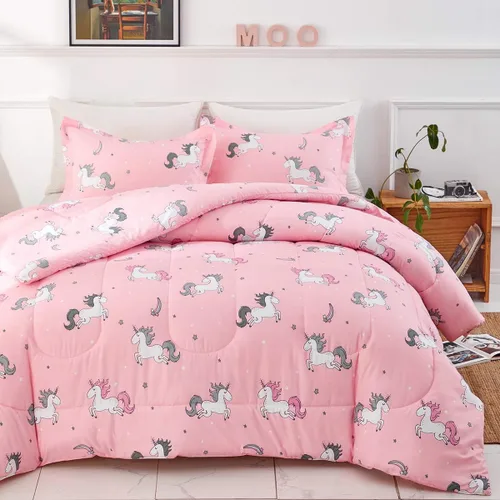 Miniatura 8 de Uozzi Bedding Bed in a Bag - Juego de edredón reversible de 7 piezas, tamaño Queen, color rosa unicornio con estrella arcoíris, microfibra suave