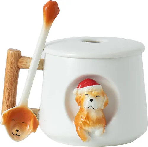 Miniatura 9 de DIHOclub Taza de café de cerámica con tapa y cuchara a juego, taza con patrón 3D Golden Retriever para té, leche y chocolate, bonita taza