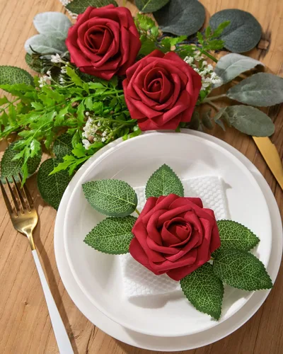 Miniatura 3 de DuHouse 25 rosas artificiales con tallos, flores de espuma de tacto real para bricolaje, ramo de boda, fiesta, centro de mesa, arreglo floral, Rojo