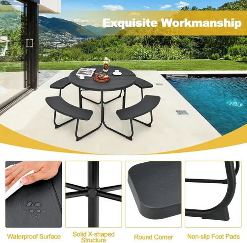 Miniatura 6 de Tangkula Mesa de Picnic para 8 Personas, Mesa de Picnic Redonda para Exteriores con 4 Bancos Incorporados, Agujero para Sombrilla, Estructura