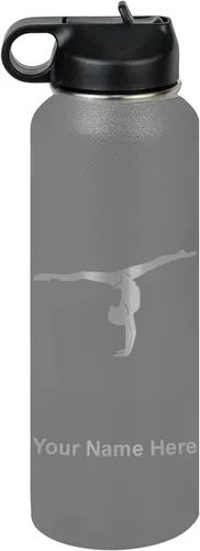 Miniatura 34 de LaserGram Botella de agua personalizada, gimnasta niña, acero inoxidable de doble pared aislada al vacío con popote superior, regalo grabado Azul