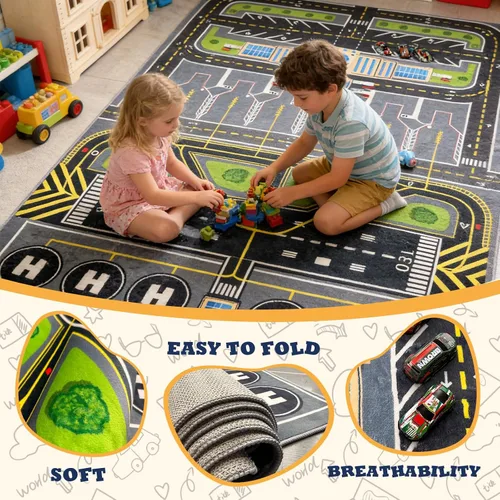 Miniatura 2 de Alfombra de juego para niños, alfombra de 31 x 47 pulgadas, alfombra de aeropuerto, alfombra de aeropuerto con sistema de tráfico urbano y pista