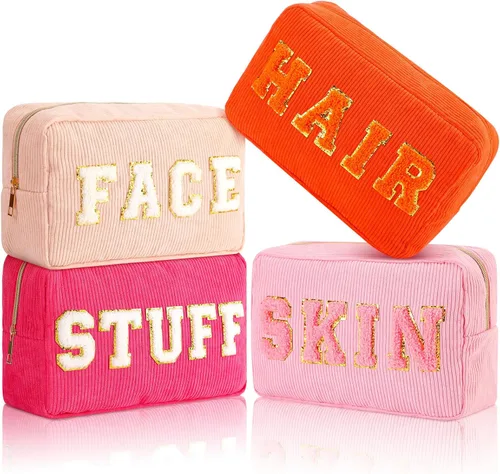 Miniatura 12 de Pinkunn 4 Piezas Bolsas de Maquillaje Preppy Bolsas de Chenilla con Letras de Viaje Organizador Facial Piel Cabello Higiene Cosmética Bolsa de Aseo