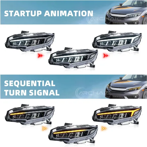 Miniatura 3 de Archaic Conjunto de faros delanteros compatible con Honda Civic 2016-2021 Sedan/Coupe/Hatchback/Type R, faros con señal de giro secuencial, DRL