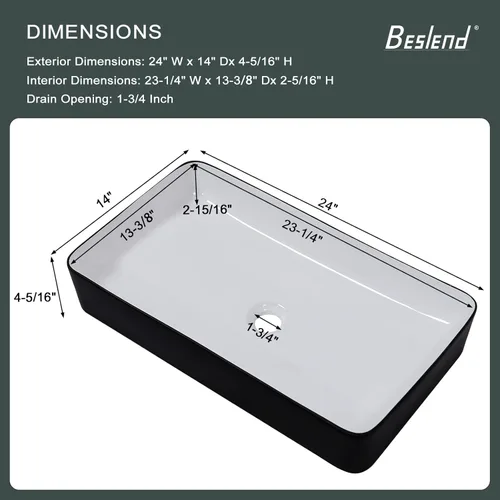 Miniatura 6 de Fregadero de baño de porcelana de cerámica rectangular de 24 x 14 pulgadas sobre mostrador, lavabo de arte blanco y negro