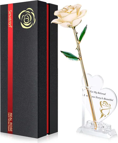 Miniatura 11 de Sinvitron Rosa Infinita Bañada en Oro - Rosa Eternamente Preservada en Resina Flor Eterna para Decoración de Cumpleaños, Día de la Madre, Rojo