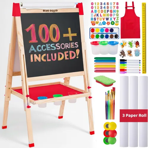 Caballete de arte Blue Squid para niños con rollo de papel x 3, incluye más de 100 accesorios, caballete de pintura de madera ajustable de doble