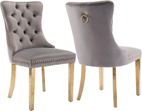 Miniatura 45 de Shenyon Juego de 2 Sillas de Comedor de Terciopelo Gris, Sillas de Comedor Tapizadas con Ribete de Anilla Trasera y Patas de Madera Maciza, Sillas
