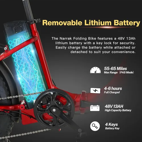 Miniatura 5 de Bicicleta eléctrica plegable con neumáticos gordos Narrak, batería extraíble de litio de 48V y 624Wh, motor sin escobillas de pico de 1100W