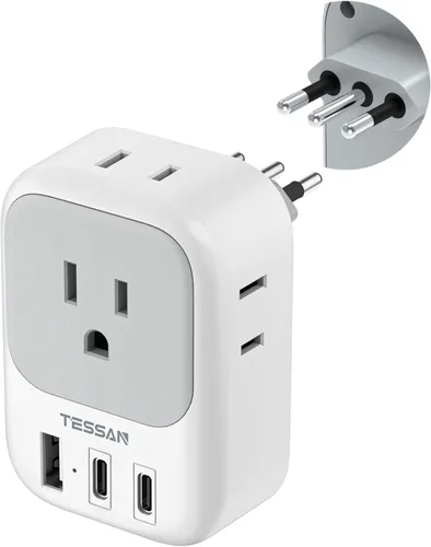 TESSAN Adaptador de enchufe de viaje para Italia, adaptador tipo L para viaje con 4 tomacorrientes, 3 USB (2 USB-C), adaptador de corriente para EE.