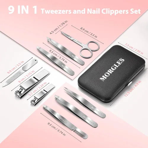 Miniatura 7 de MORGLES Juego de pinzas y cortaúñas con estuche para hombres y mujeres, 9 piezas de pinzas profesionales de acero inoxidable sin separación