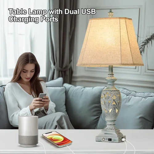 Miniatura 5 de Juego de 2 lámparas de mesa tradicionales con control táctil de 29.5" de alto, lámparas de mesita de noche vintage con puertos USB duales