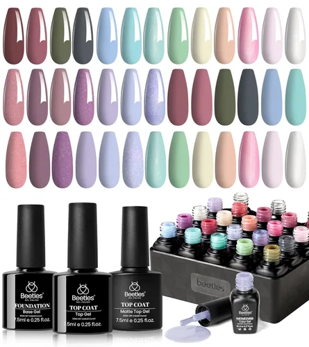 Miniatura 25 de beetles Gel Polish Juego de esmaltes de uñas de gel de 16 colores, blanco, marrón oscuro, rosa, colores nude, esmalte de uñas natural con 3 piezas