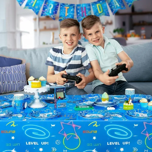 Miniatura 7 de WERNNSAI 2 PCS Mantel de Mesa de Videojuegos - Decoraciones de Fiesta Gaming Game On Level Up Mantel Rectangular Cubierta de Mesa para Niños Chicos