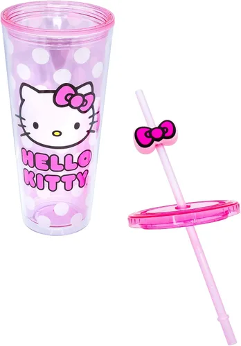 Miniatura 2 de Silver Buffalo Sanrio Hello Kitty Bow Pink Polka Dots - Vaso frío de plástico con tapa y tapa con pajita, 24 onzas Lazo Hello Kitty y lunares rosados