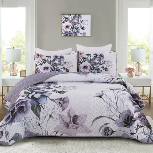 Miniatura 23 de Juego de colcha floral tamaño Queen de 3 piezas, juego de colcha con estampado floral rojo suave de microfibra ligera, cubrecama acolchado negro