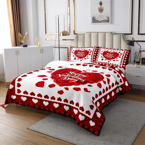 Miniatura 2 de Juego de ropa de cama de regalo para el día de San Valentín, tamaño individual, diseño de pétalos de rosa roja, 2 piezas para mujeres, hombres