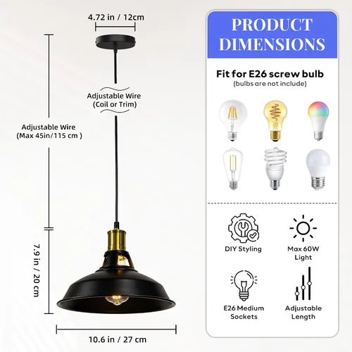 Miniatura 2 de Paquete de 1 lámpara colgante, lámpara colgante industrial con pantalla de metal, iluminación colgante de granja para isla de cocina, pasillo