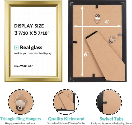 Miniatura 3 de LaVie Home - Marco de fotos (6 unidades), diseño simple con cristal de alta definición, para montaje en pared y en mesa, colección clásica, Dorado