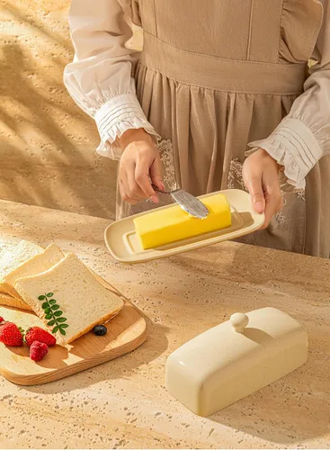 Miniatura 6 de Sweese Mantequillera con tapa, manteca de porcelana, soporte para mantequilla de 7.8 pulgadas con cubierta de asa, recipiente de mantequilla Beige