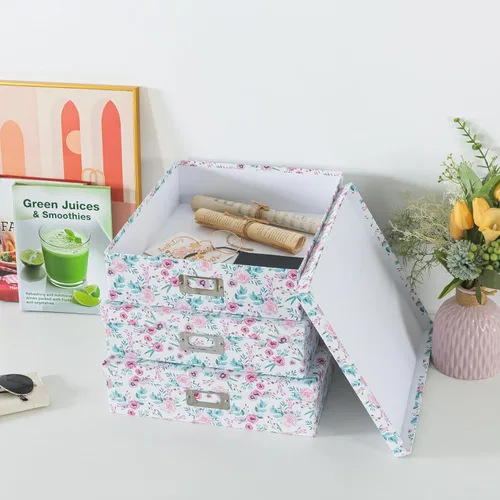 Miniatura 8 de Soul & Lane Cajas de almacenamiento decorativas florales con tapas, juego de 3 bonitas cajas de cartón anidables para fotos, documentos, álbumes