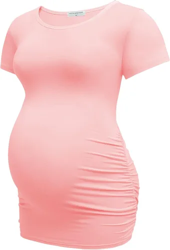 Miniatura 5 de Bearsland - 3 Camisetas de maternidad para mujer, camisetas clásicas de manga corta con lateral fruncido para madres, ropa de embarazo