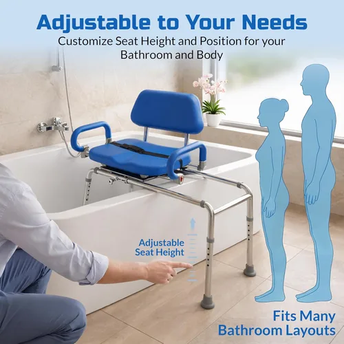 Miniatura 8 de Banco de transferencia deslizable con asiento giratorio. Silla premium para tina y ducha, acolchada con apoyabrazos giratorios Diseño ahorrador