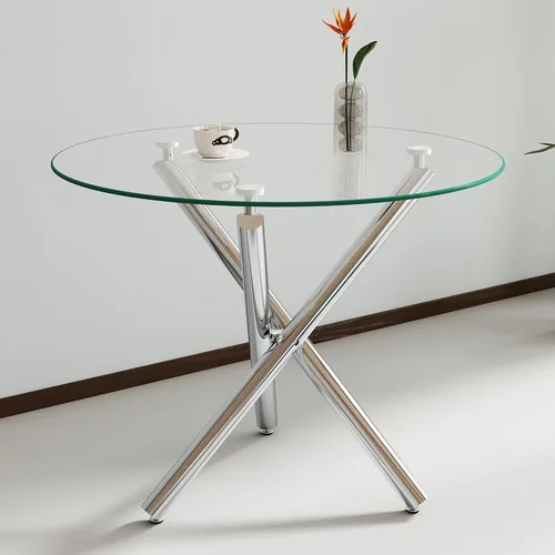 Miniatura 10 de Mesa de comedor redonda de 36 pulgadas para 4, mesa de comedor contemporánea de vidrio templado, mesa de comedor pequeña con base de metal de cruz
