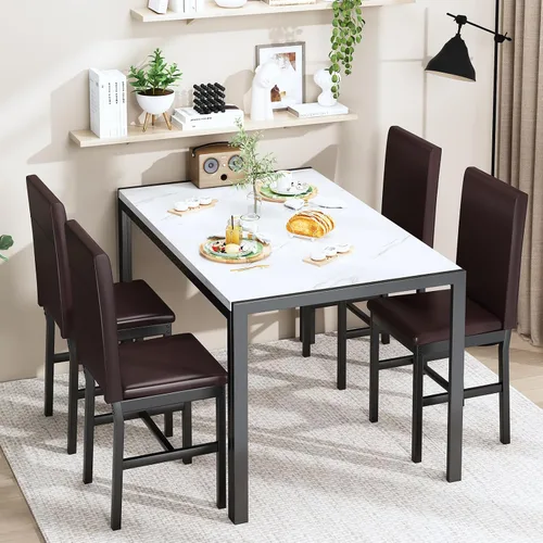 Miniatura 3 de Recaceik juego de mesa de comedor para 4, mesa de cocina y sillas, mesa de comedor de mármol sintético con 4 juegos de cuero PU para comedor