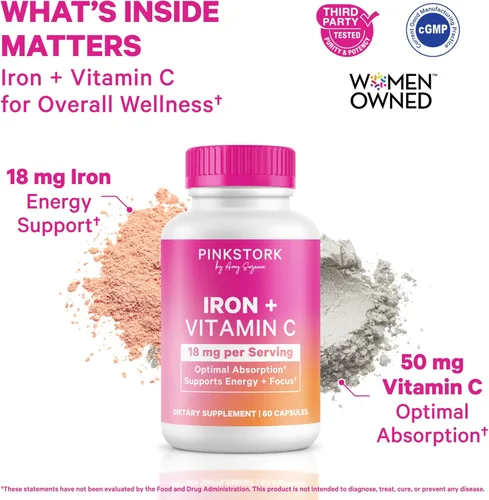 Miniatura 2 de Pink Stork Hierro para Mujeres – 18 mg de Bisglicinato de Hierro No Estreñente + Vitamina C para Absorción Óptima – Energía, Concentración