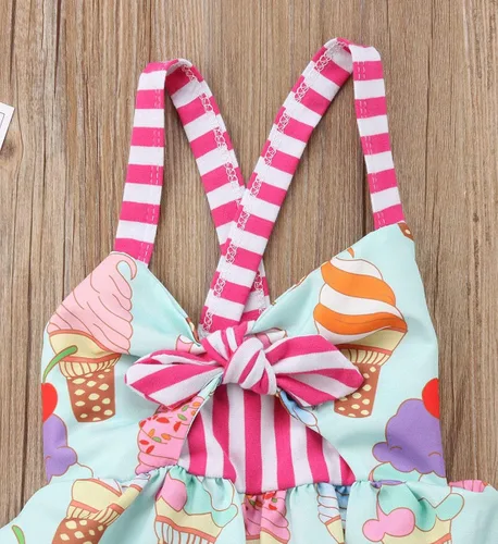 Miniatura 3 de Falda de verano para niñas pequeñas, vestido sin espalda con tirantes y estampado de helado