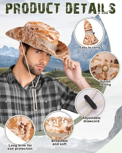 Miniatura 3 de 10 sombreros Boonie de ala ancha, diseño de camuflaje, protección solar UV, sombrero de pesca para hombres y mujeres, senderismo, safari, caza