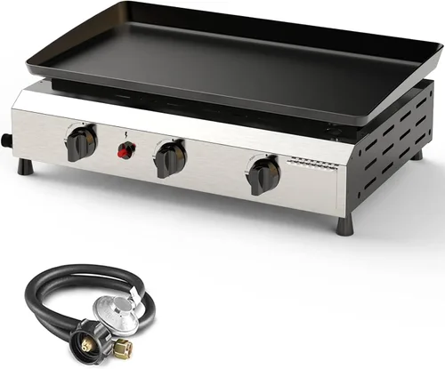 Parrilla de gas para barbacoa de 3 quemadores, 25.6 pulgadas de acero inoxidable portátil a propano, parrilla plana de 30,000 BTU para acampar