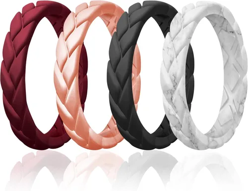 Miniatura 36 de Egnaro Anillos de boda de silicona para ella, conjuntos de novia de goma para mujer, bandas finas, diseño trenzado de hojas apilables con ranuras