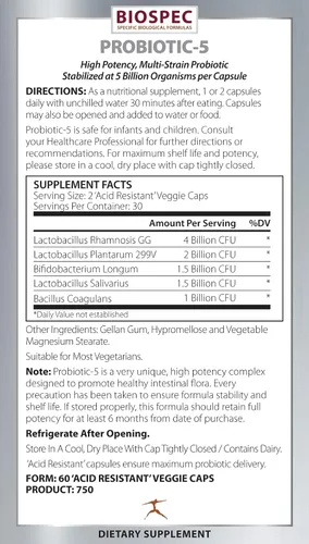 Miniatura 2 de BIOSPEC NUTRITIONALS Probiotic-5 - Complejo probiótico de amplio espectro con 5 mil millones de microorganismos y 5 cepas únicas por cápsula