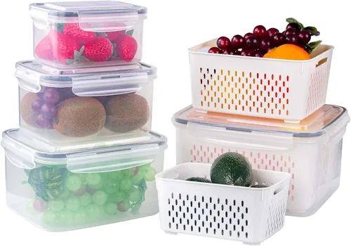 Miniatura 7 de Paquete de 4 recipientes de almacenamiento de alimentos frescos, caja ahorradora de productos de gran capacidad con cestas de drenaje y tapa