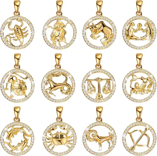 Hicarer 12 dijes del zodiaco para hacer joyas, colgantes chapados en oro y plata con diamantes de imitación del signo del zodiaco, dijes de Dorado
