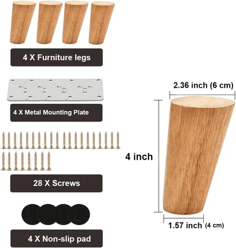 Miniatura 2 de Juego de 4 patas cónicas de madera para muebles, 4 pulgadas, redondas, sólidas, de mediados de siglo, patas de repuesto para sofá, aparador, Redondo